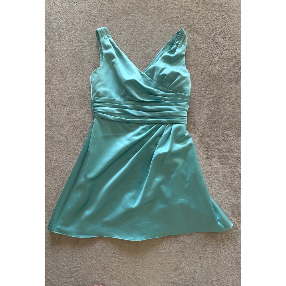 Davids Bridal Turquoise Satin V-Neck Ruched Cocktail Dress F14823 Womens 14
